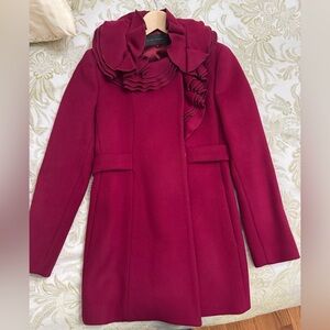 Elie Tahari Dark Red Cherry Coat with Ruffle Collar